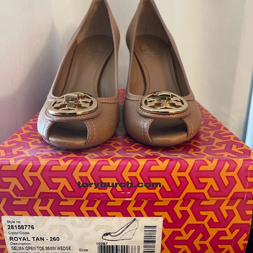 Tory Burch Royal Tan Open-Toe Wedge Heels with Gold Logo